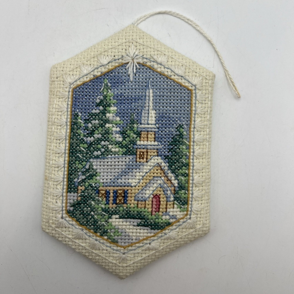 Vintage Primitive Needlepoint Cross Stitch CHURCH Ornament 5"
